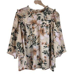Happy X Nature Peach Floral Printed 3/4 Sleeve Ruffle Blouse.